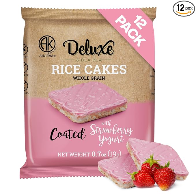 Deluxe & Bla Bla Rice Cakes 12 Pack – Whole Grain, Gluten-Free, Kosher, Low-Calorie Snack – Coated with Strawberry Yogurt – Healthy & Crunchy Treat – Individually Wrapped, (19g Each)