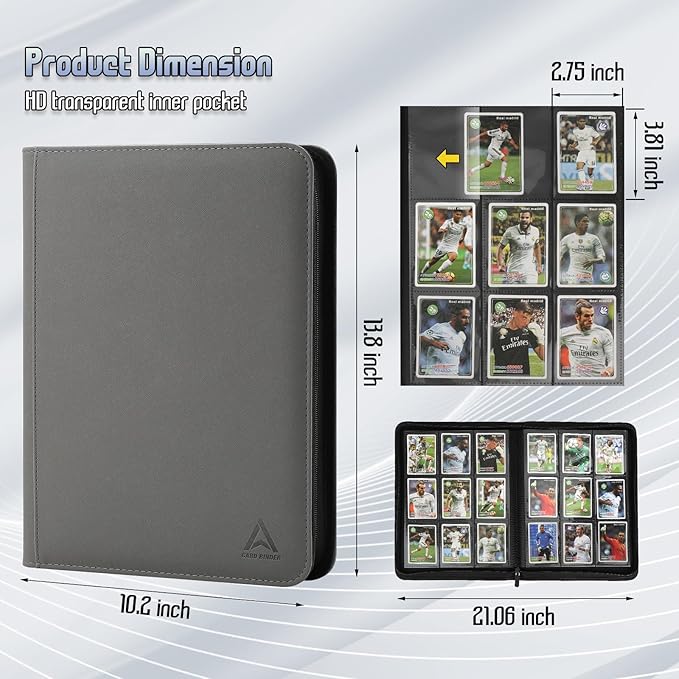 Arkeiliy Card Binder 9 Pocket, Double Sided Pockets Trading Card Binder with 30 Sleeves, Premium Zip Trading Card Holder Collector Album Holds 540 MTG (grey)