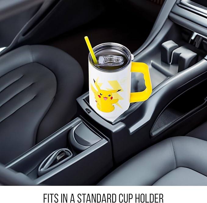 Silver Buffalo Pokémon Double Walled Stainless Steel Tumbler with Handle Featuring Pikachu, Fits in Standard Cup Holder, 40 Ounces