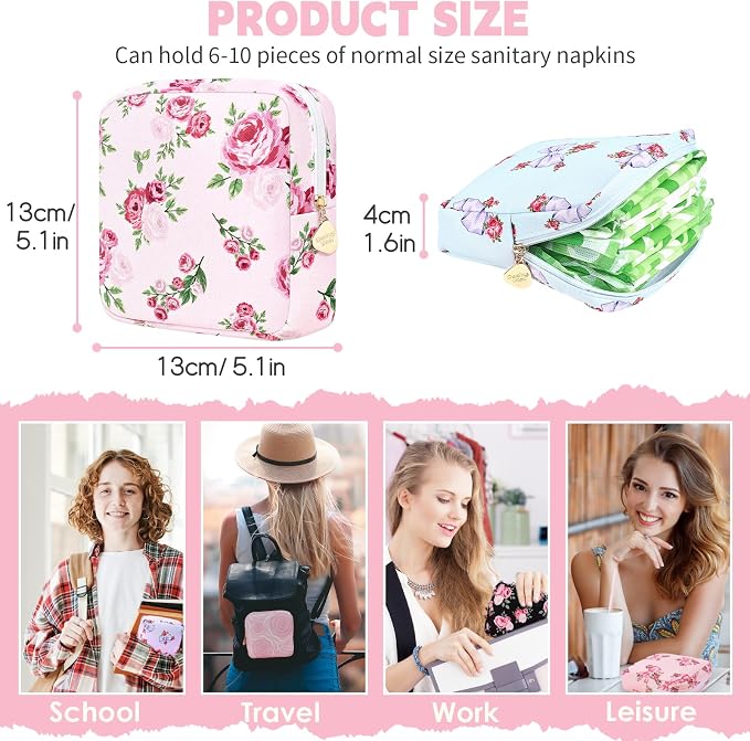 Sanitary Pad Storage Bag Portable Period Bag for Teen Pads/Sanitary Napkins/Small Tampons, Sanitary Napkin Storage Bag First Period Gifts for Teen Girls (Black Rose Bouquet)