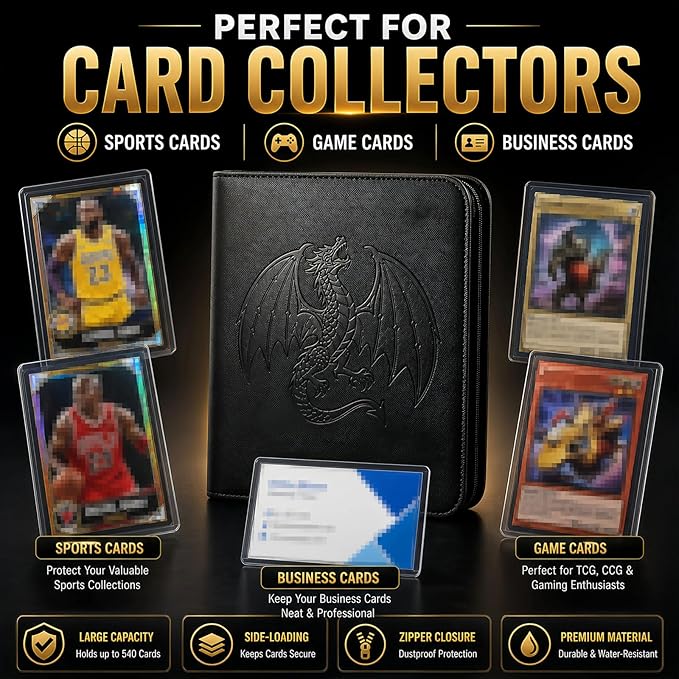Premium 9-Pocket Trading Card Binder, Holds 540 Cards, Side-Loading Sleeves, Zipper Card Album with Embossed Dragon Cover for Sports Cards, Game Cards & Business Cards