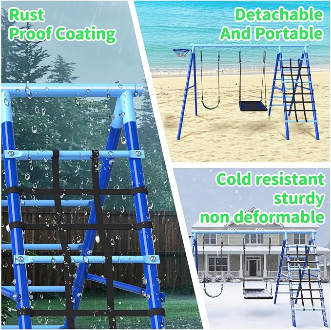 JYGOPLA 5-in-1 Metal Swing Sets for Backyard, Heavy Duty Outdoor Playground for Kids with 43" Platform Swing, Belt Seat, Climbing Rope Ladder, Rigid Ladder & Basketball Hoop