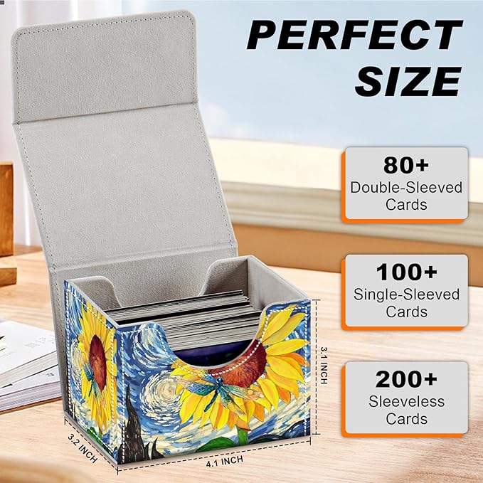 DEGDFSGR Card Game Storage Box for TCG MTG Commander Deck Box Organizer Trading Card Case Magnetic Closure Creative Pattern Up to 200 Cards, Sunflower Dragonfly