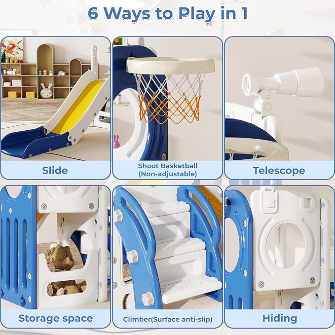 NYEEKOY Toddler Slide,6 in 1 Indoor Slide for Toddlers 1-3, Freestanding Slides for Kids with Basketball Hoop, Telescope, Storage, Playground Slide and Climber Playset for Outdoor Backyard, Blue