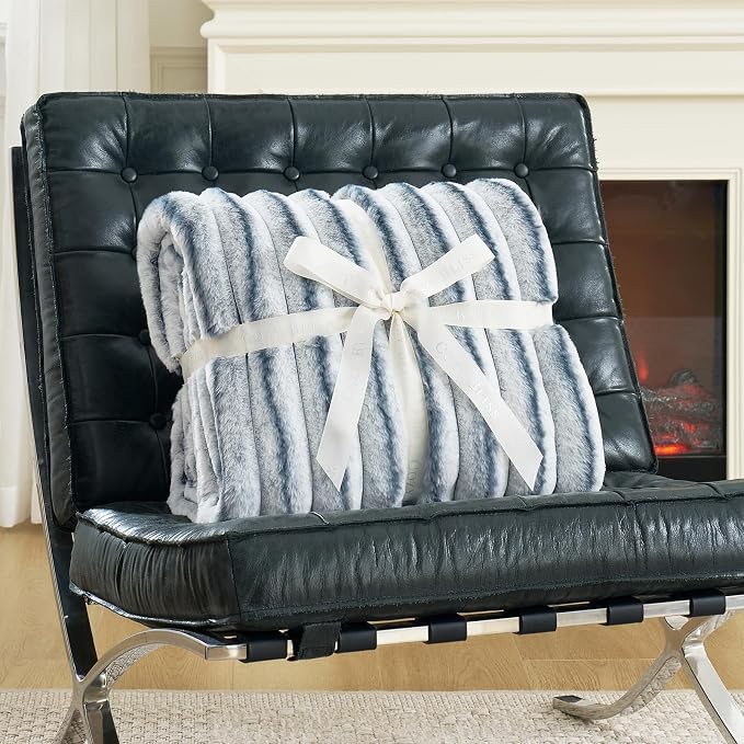 Cozy Bliss Faux Fur Throw Blanket for Couch, Cozy Warm Plush Striped Blanket for Sofa Bedroom Living Room, 60 * 80 Inches Blue