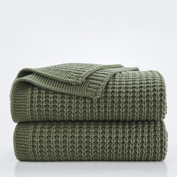 Douceur Olive Green Throw Blanket for Bed, Soft Chunky Cable Knit Throw Blanket, Classic Fisherman's Rib Stitch Pattern Throw for Living Room Gift, 60"X80"