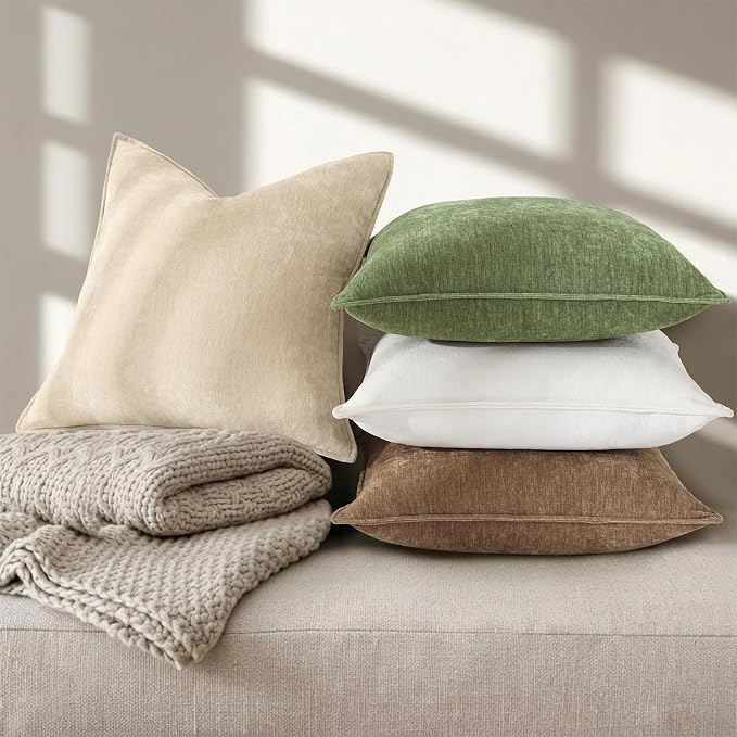 decorUhome Chenille Beige Velvet Throw Pillow Covers 18x18 Set of 2 | Fall Soft Couch Decorative Modern Farmhouse Pillow Cases with Elegant Design for Sofa Bed Living Room Home Decor