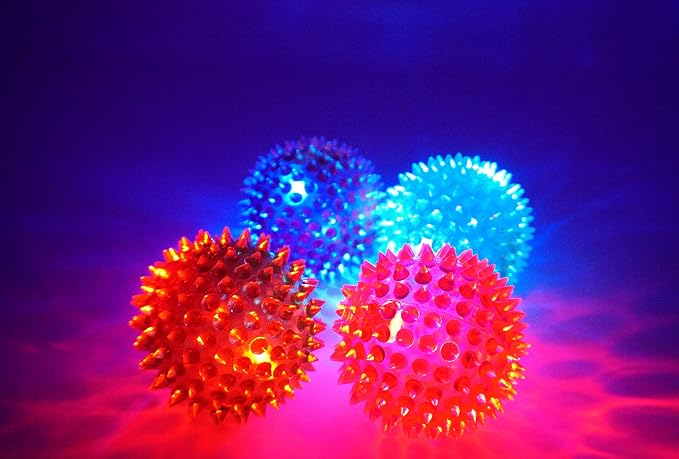 JA-RU Large 3.25" Light Up Spiky Rubber Ball (8 Balls) Spike Sensory Toy for Kids. Squishy Bouncy Dog Toy. Therapy Stress Fidget. Party Favor. Plus 1 Sticker. 699-8s