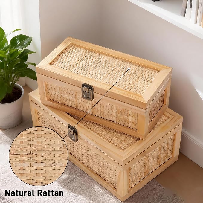 Rattan Decorative Boxes with Lids, Stackable Keepsake Box Set of 2 | Boho Decorative Box for Home Decor Secure Metal Latch Locks, Rustic Farmhouse Memory Box for Shelf, Photo, Wedding, Cards