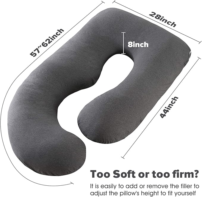 U-Shaped Full Body Pregnancy Pillow for Sleeping – 57" Maternity Pillow with Removable Cover, Support for Back, Legs, Belly & Hips (Jersey-Dark Grey)