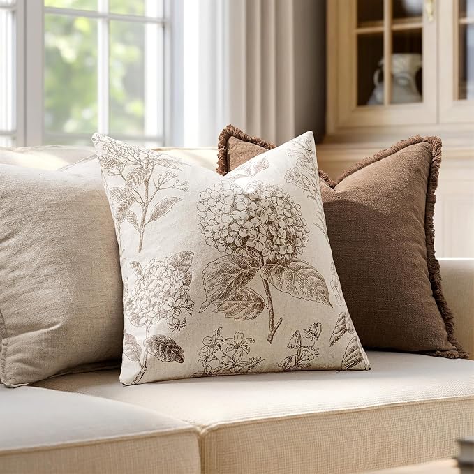 Set of 2 Decorative Floral Pillow Covers 18x18 Inch Light Brown | Neutral Hydrangea Print, Boho Vintage Throw Cushion Covers, Cottagecore Home Decor, for Sofa Couch Porch Bedroom Living Room