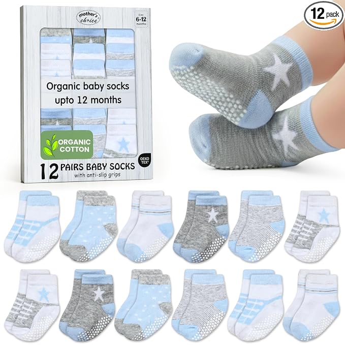 Mother's Choice Organic Cotton Baby Socks Non Slip Infant 6-12 Months - 12 pairs Soft and Cozy, Gentle Newborn Socks, Ideal Baby Gift, Infant Footwear for Daily Comfort and Little Feet Safety