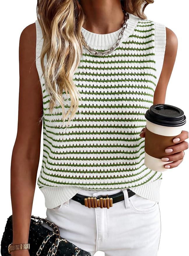 ANRABESS Womens Sleeveless Sweater Vest Striped Tank Tops | Crochet Knit Crew Neck, Lightweight Soft Comfy, Vacation Travel Work Casual Outfits, Sping Summer Layering Clothes