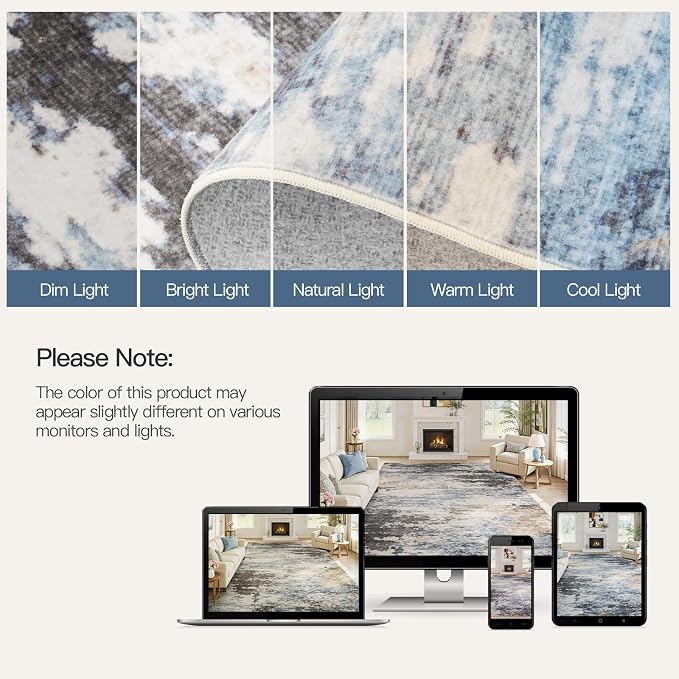 8x10 Area Rug for Living Room, Abstract Washable Large Rugs, Grey/ Blue | Neutral Carpet for Bedroom, Dining Room, Home Office Nursery, Indoor, Stain Resistant, Non-Slip, Low Pile, Modern Rug