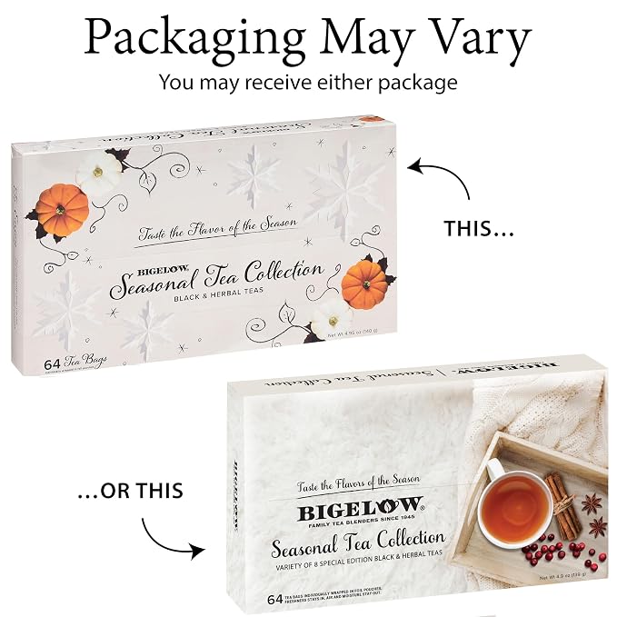 Bigelow Tea Seasonal Tea Collection, Caffeine Tea Variety Pack Gift Sampler, Holiday Tea Gift Set, 64 Count Box (Pack of 1), 64 Tea Bags Total