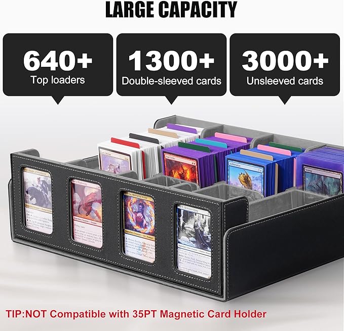 Kabinka Trading Card Storage Box with Commander Display, 4-Row Deck Case with Removable Lid; 2400+ Card Deck Box for MTG TCG Sports Card, 4 Top Loaders, 4 Stoppers, 24 Dividers,1 Dice Bag (Black)