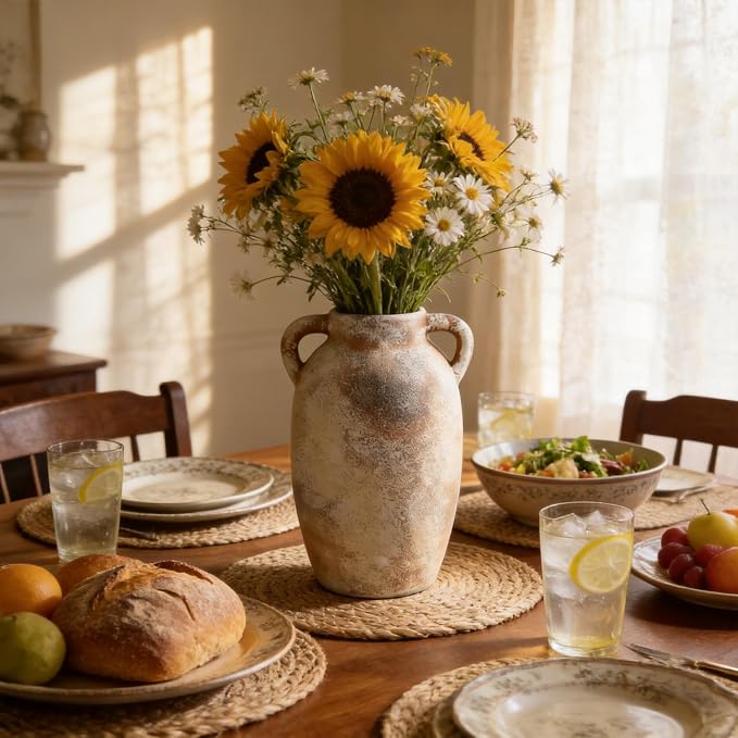 Ceramic Flower Vase, 9.8" Rustic Farmhouse Vase with Glazed Interior, Decorative Pottery Vase for Fresh Flowers, Eucalyptus, Dining Table Centerpiece, Entryway and Mantel Decor