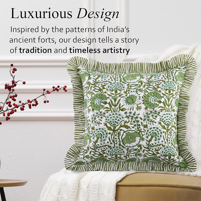 CPC Block Print Ruffle Throw Cover Agate Green 20"x20" Inch Pack of 2-100% Cotton Ruffle Couch Decorative Boho Pillows Case for Living Room, Bedroom, Sofa, Farmhouse Gift for Spring, Mother's Day