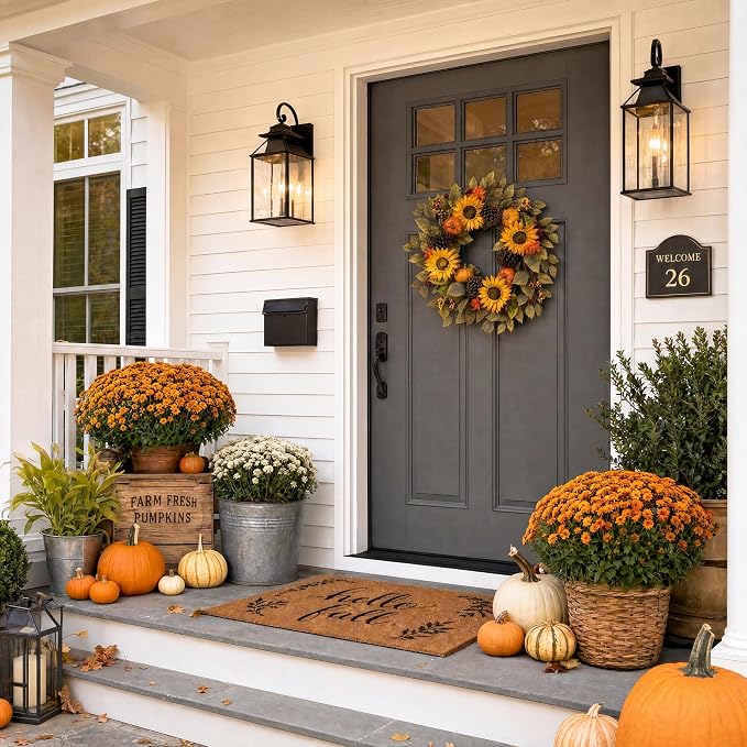 20" Fall Wreath Front Door Pumpkin Sunflower Pine Cones Artificial Wall Decor Farmhouse Autumn Wreath Thanksgiving Home Porch Outdoor Indoor Holiday Harvest Decor