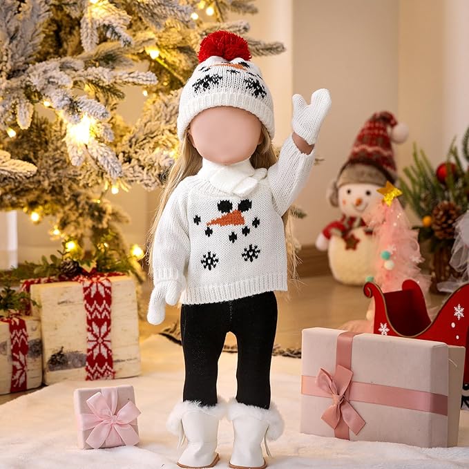 6 Pcs Christmas 18 Inch Doll Clothes and Accessories Winter Outfits Set Sweaters Trousers Hats Shoes for 18 Inch Doll Gift(White,Snowman)