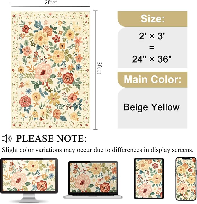 DUKINO 2x3 Entryway Rug, Door Mat Soft Washable Rug Non Slip, Beige Yellow | Low Pile, Non-Shedding, Floral Small Rug for Kitchen, Entrance, Bedroom, Bathroom, Pet Friendly, Stain Resistant, Home Decor