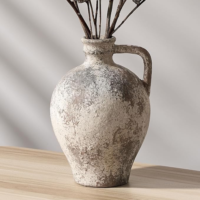 PORCER Antique Ceramic Vase, 8.3 Inch Terracotta Vase with Handle, Tuscan Decor Decorative Vase, Rustic Vase for Home Decor, Farmhouse, Living Room, Floor, Wedding, Christmas- Gray