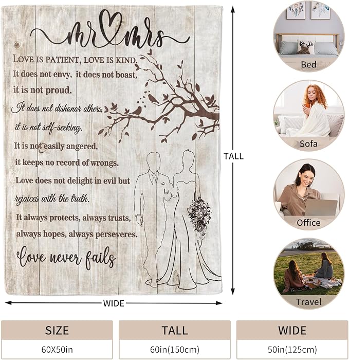 Wedding Gifts for Couples, Bridal Shower Gifts for Bride to Be Soft Blanket | Anniversary Mr and Mrs Gifts, Wedding Gifts for Newlyweds Wedding Throw Blanket 60*50 Inch (Light Khaki)