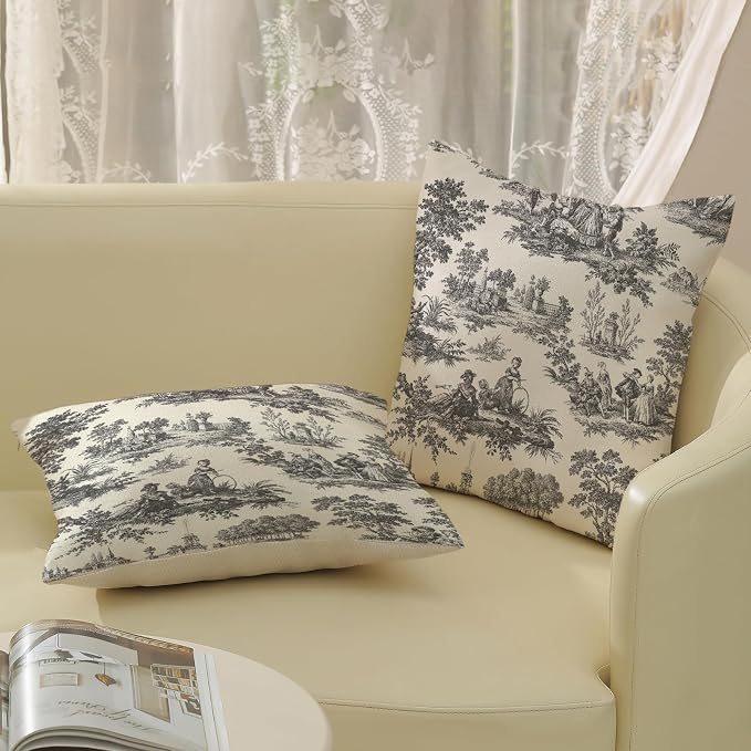 French Country Pillow Covers 18x18 Set of 2 Vintage Black Grey Toile Throw Pillows Outdoor French Country Decorative Pillow Cases Rustic Cottage Farmhouse Cushion Case for Couch Sofa Decor