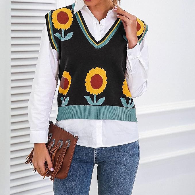 Women's Sweater Vest,Y2K Sleeveless Pattern Preppy Style Knitted Crop Tank Top for Girl