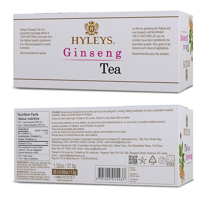 Hyleys Ginseng & Green Tea with Natural Guarana & Orange Flavor - Herbal Energy Tea - 25 Tea Bags (12 Pack - 300 Tea Bags Total)