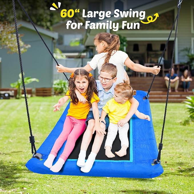Trekassy 60" Large Platform Saucer Swing with Frame for Kids Outdoor, 440lbs Swing Set with Heavy Duty Metal Swing Stand for Backyard, Outdoor Kids Play Equipment (Black Frame + Blue Swing)（Patented）