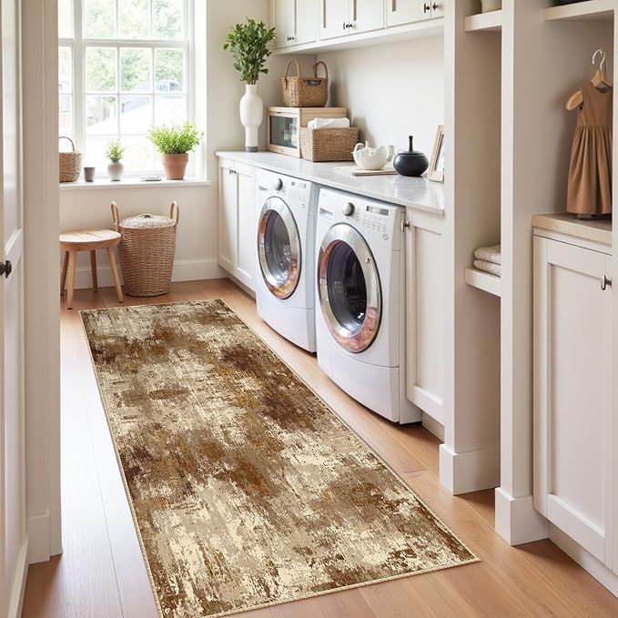 RELEANY Washable Runner 2'x10' Abstract Area Rug for Hallway Brown Tan | carpet for kitchen, entryway, bathroom, living room, bedroom, printed pattern, non-slip, soft, stain-resistant, easy to clean