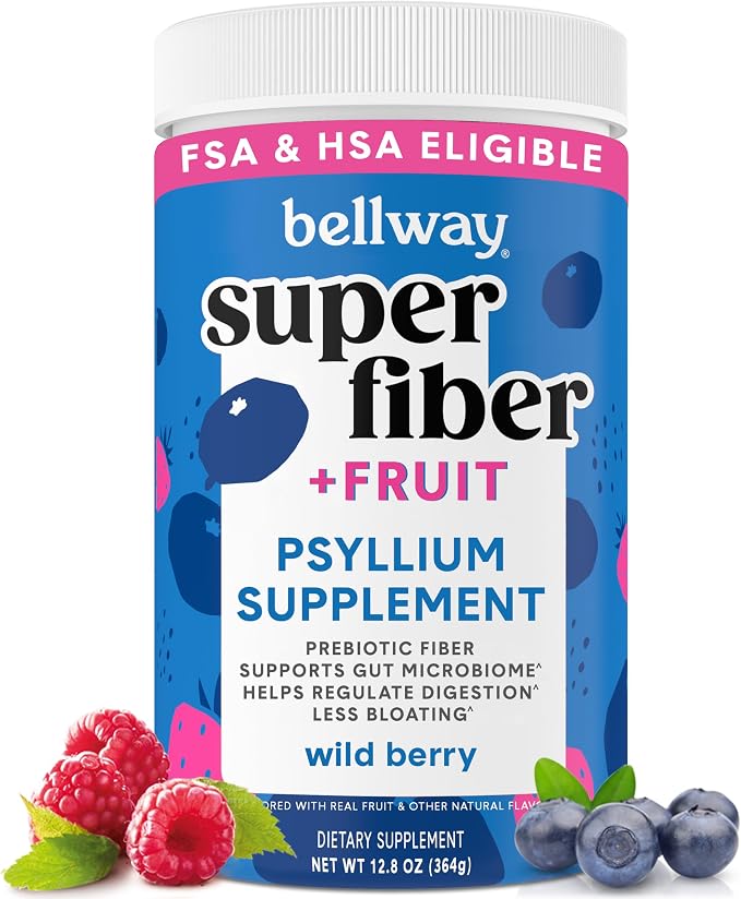 Bellway Super Fiber Powder + Fruit, Sugar Free Organic Psyllium Husk Powder Fiber Supplement for Regularity, Bloating Relief & Digestive Health, Plant-Based, Wild Berry (50 Servings)