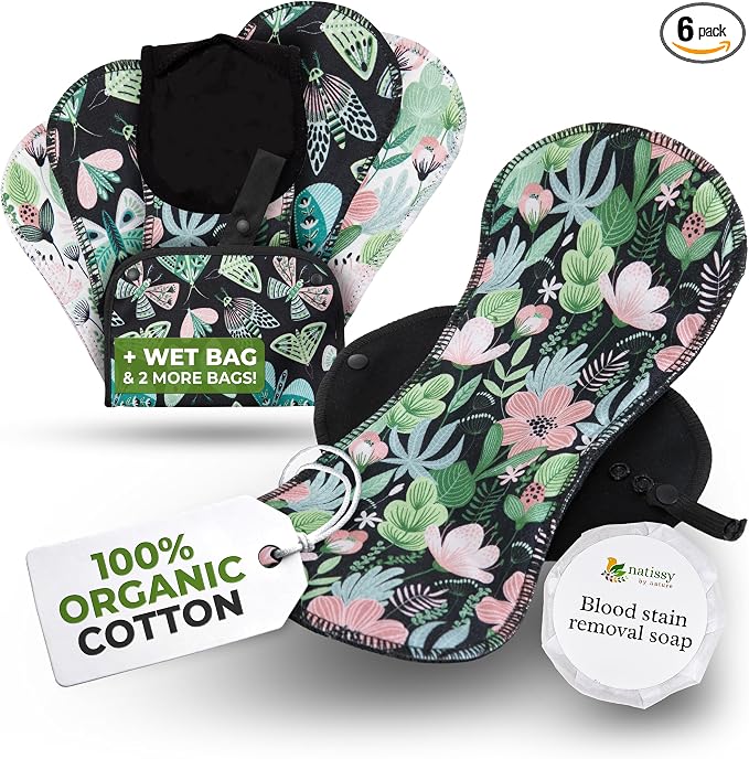 Organic Cotton, High Absorbency Reusable Period Pads for Heavy Flow (6 Pack L+XL) - Leak Proof & Odor Free Cloth Pads for Women - High-Temp Washable, Breathable & Skin-Safe for Menstrual Comfort