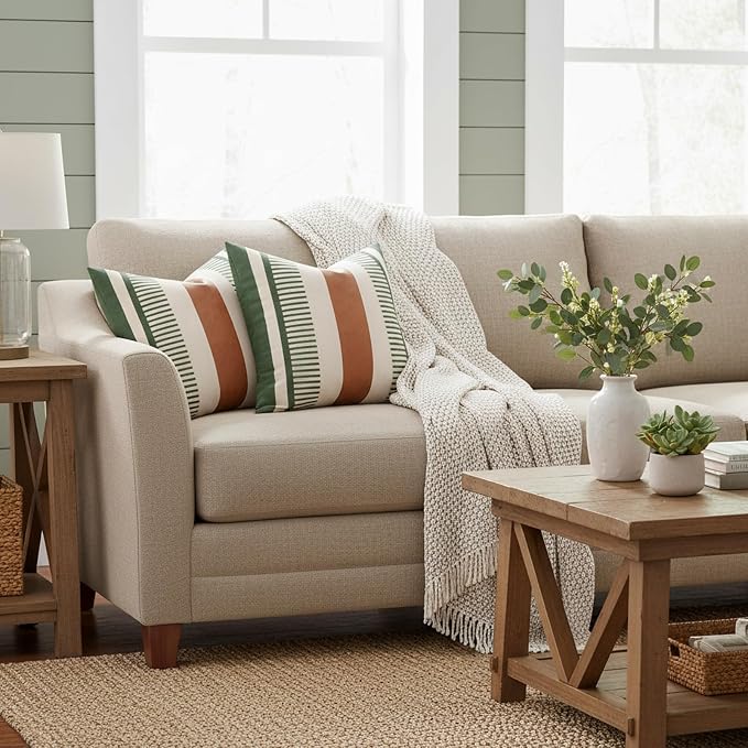 Decorative Farmhouse Throw Pillow Covers 18x18 Accent Faux Leather Pillowcase Rustic Boho Decor,Olive Green and Beige (Cover ONLY, Pack of 2)