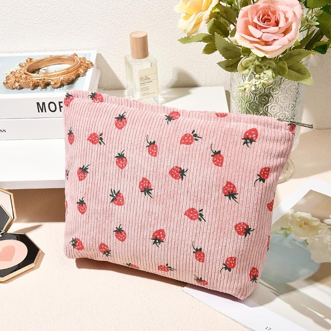 SOIDRAM 2 Pcs Makeup Bag Large Cosmetic Bag Toiletry Bag Makeup Pouch Travel Bag Organizer Cute Makeup Brushes Aesthetic Accessories Storage Bag for Women Pink Strawberry