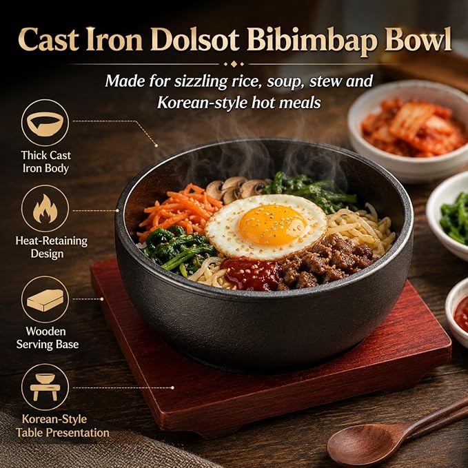XICHENGSHIDAI Cast Iron Dolsot Bibimbap Bowl, 47 Oz, Wooden Base | Heat-retaining Korean bowl for sizzling rice, bibimbap, soup and stew; includes a wooden base for convenient table serving.