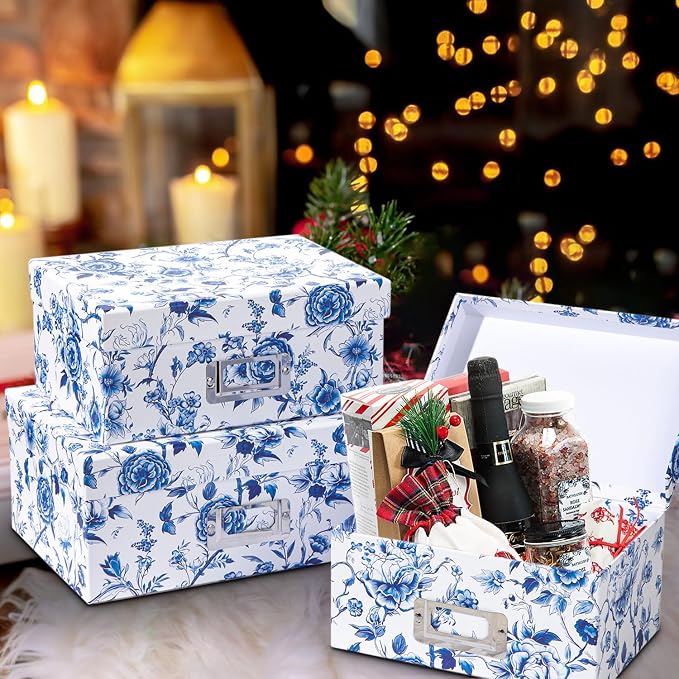 Briful Decorative Storage Boxes with Lids 4 Pack, Blue and White Chinoiserie Floral Cardboard Nesting Photo Boxes, Stackable Keepsake Photo Organizers for Home Shelf Bedroom Office