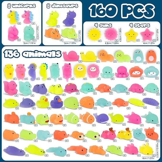 Mochi Squishy Toys Bulk for Kids Party Favors Pack 160 - BONNYCO | Goodie Bags Stuffers for Kids with Glow in the Dark | Return Gifts Birthday Party Squishy Fidget Toys Pinata Stuffers Birthday Kawaii