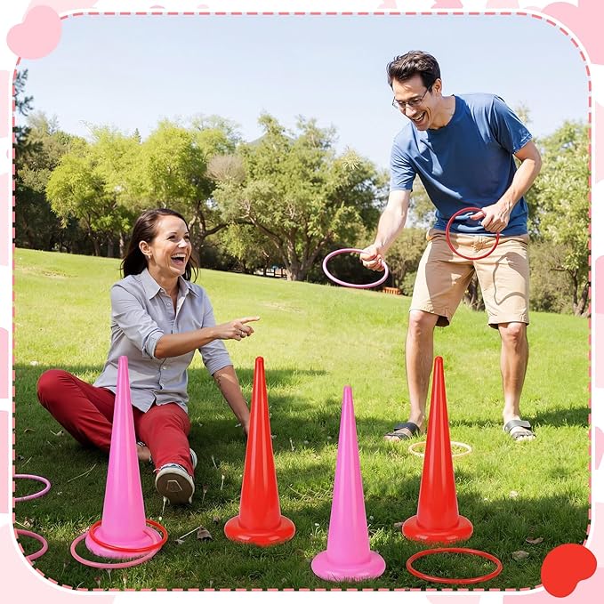 RoundFunny 16 Pcs Pink Ring Toss Game Set Wedding Party Games with Inflatable Ring Toss and Pump Indoor Outdoor Garden Game Supplies for Home Family Carnival Party Decorations