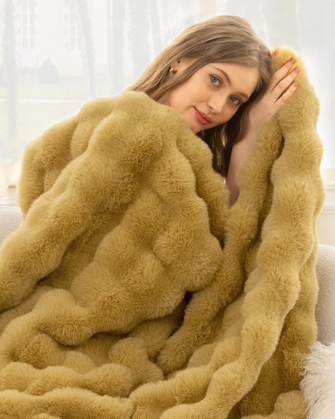 Ultra Soft Cozy Faux Fur Throw Blanket, Fuzzy Plush Thick Bubble Blanket, Oversize Luxury Fluffy Blanket for Couch, Bed, and Living Room, 60x80 Inches, Dark Yellow
