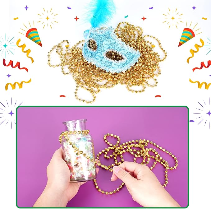 120 PCS Gold Mardi Gras Beads, Gold Bead Necklaces, Christmas Necklace, 33 Inch Round Beaded Necklace for Mardi Gras Party Christmas New Year Eve Festive Events, Party Favors