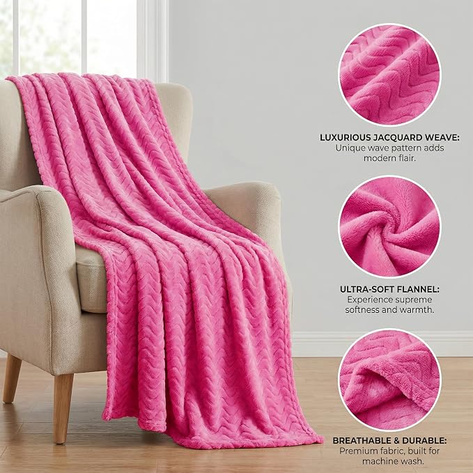 Exclusivo Mezcla Soft Fleece Blanket King Size for Bed, Sofa, Hot Pink | 90"x104" Breathable Lightweight Flannel Blanket for Summer, Plush Cozy Jacquard Wave for Home Decor