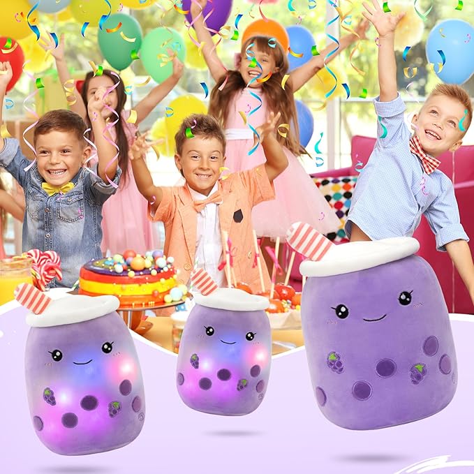 Athoinsu Light Up Grape Boba Bubble Tea Cup Pillow, 15 inch Kawaii Plushies with Colorful LED Lights, Cute & Squishy Glow Pillows, Soft Plush Stuffed Toys for Kids,Girls,Boys (Purple, Medium)