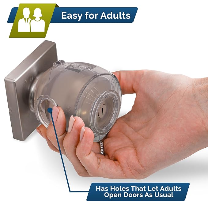 Child Safety Door Knob Cover (4 Pack) Hard-to-Remove Dual-Lock Door Handle Covers for Kids – Reusable Baby Proof Door Knob Locks – Installs Easily, No Tools Needed (Semi-Clear)