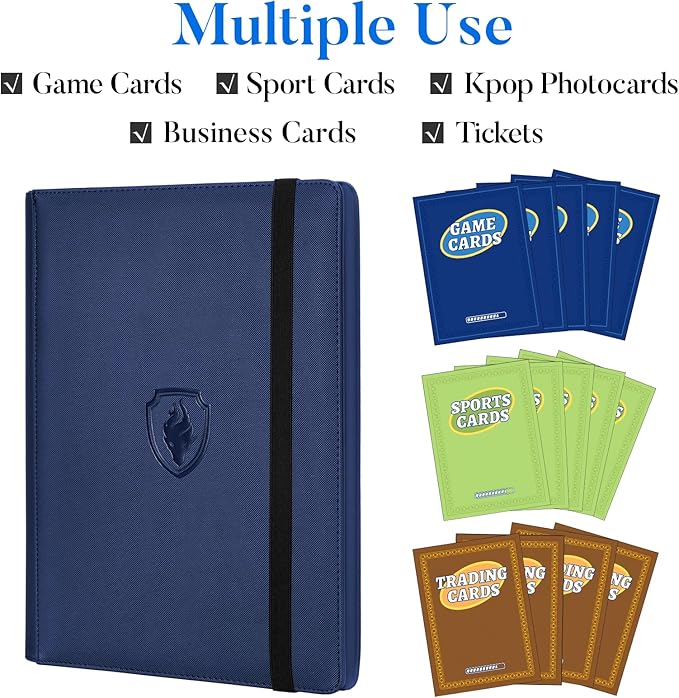 Premium 9 Pocket Card Binder for 360 Cards, Fabmaker PU Cover Trading Card Binder, Sturdy Card Collection Album, Sleek Card Holder Folders for Game Cards & Sports Cards, Navy Blue