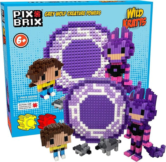 Pix Brix - Wild Kratts Pixel Art Kit - Grey Wolf, 1278 Pieces - Patented Slide + Stack Pixel Puzzle Building Bricks, Build & Collect Wild Kratts Creature Powers - Stem Toys, Ages 6 Plus