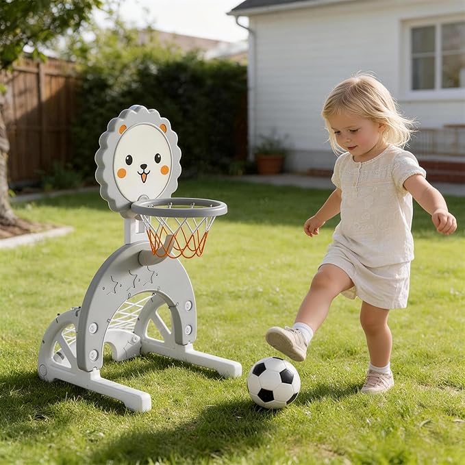 4-in-1 Toddler Basketball Hoop Adjustable Height Indoor Outdoor Sports Center for Kids Aged 1-3 Basketball, Soccer, Hockey & Ring Toss, Grey and White