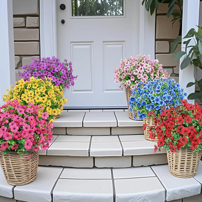Ouddy Decor 24 Pcs Artificial Flowers for Outdoors Decorations, Multicolor | Colorful lifelike flowers, UV resistant, faux plastic plants, for garden porch window table vase home indoor outdoor decor