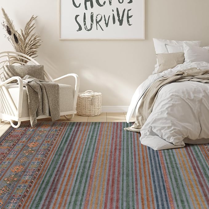 Nakagishi 9X12 Area Rugs Living Room: Washable Large Vintage Rug Neutral Non-Slip Soft Stain Resistant Indoor Carpet for Bedroom Nursery Dining Room Office Playroom - Multi Color